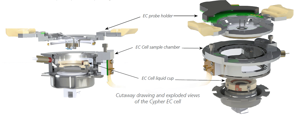 Cross-section and exploded view diagrams of the EC cell for Cypher AFM.