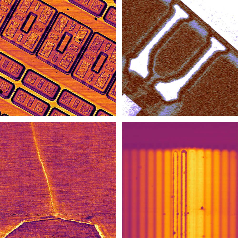 AFM SCM images of direct capacitance, fast scanned SCM, dopant staircase sample, and a carbon nanotube