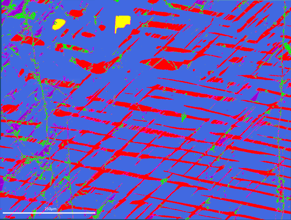 Fig. 5 – Large area AZtecFeature run with features coloured by class. The combination of automated feature analysis and phase analysis has produced a clear identification of both the host phase and the lamellae, as well as identifying additional minor phases.