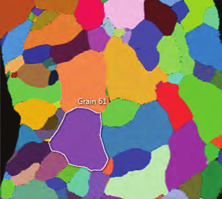 Fig. 1(A) Grain map before heating cycle, mean grain size 85.9 µm. (B) Grain map and grain details table after heating cycle, mean grain size 170.9 µm, with a selected grain of 504.7 µm highlighted.